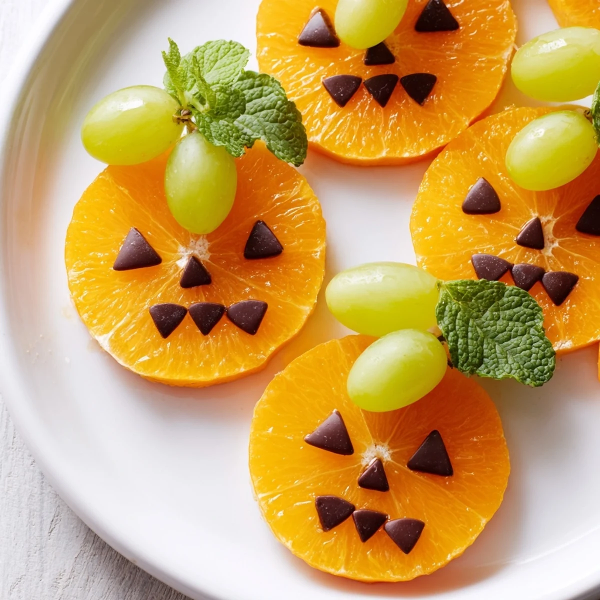 Bright, juicy Pumpkin Patch Orange Slices arranged with grape stems and cute chocolate chip faces.