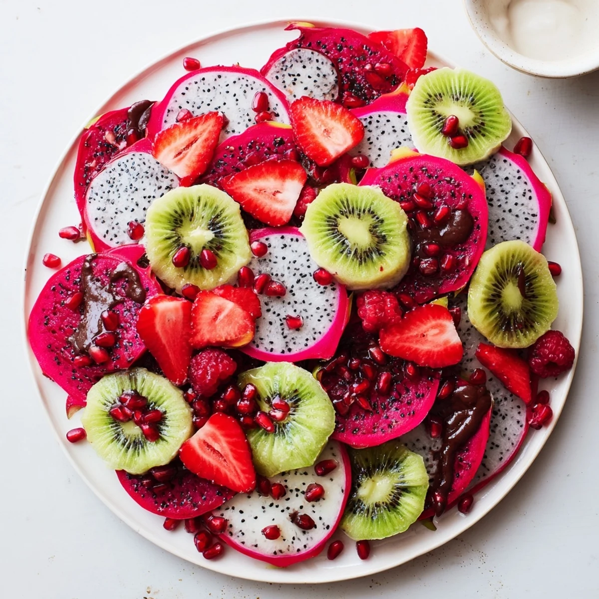 Vibrant Dragon Scales Fruit and Dip Board with colorful fruits and creamy yogurt dips, perfect for any party!