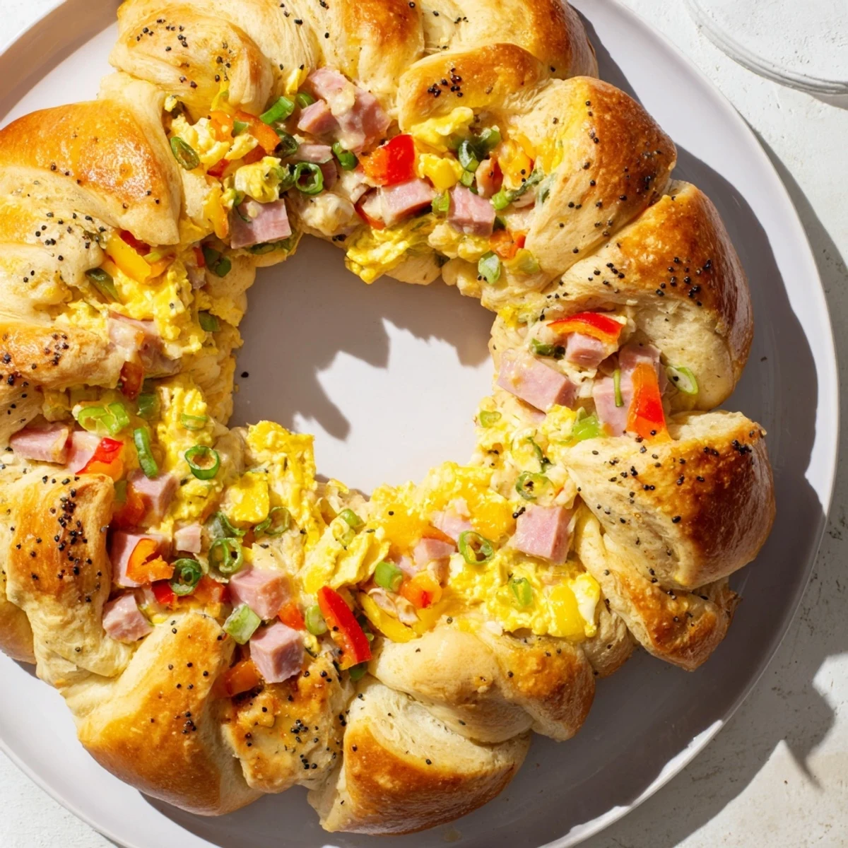 A beautiful, shared Wreath-Shaped Egg and Ham Bake, showcasing golden pastry and cheesy filling.