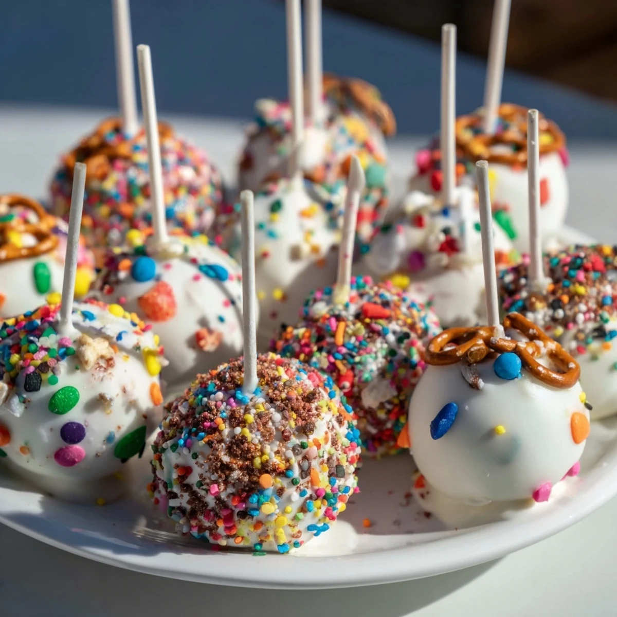 Ornament Ball Cake Pops displayed, vibrant with sprinkles, ready for a festive holiday gathering.