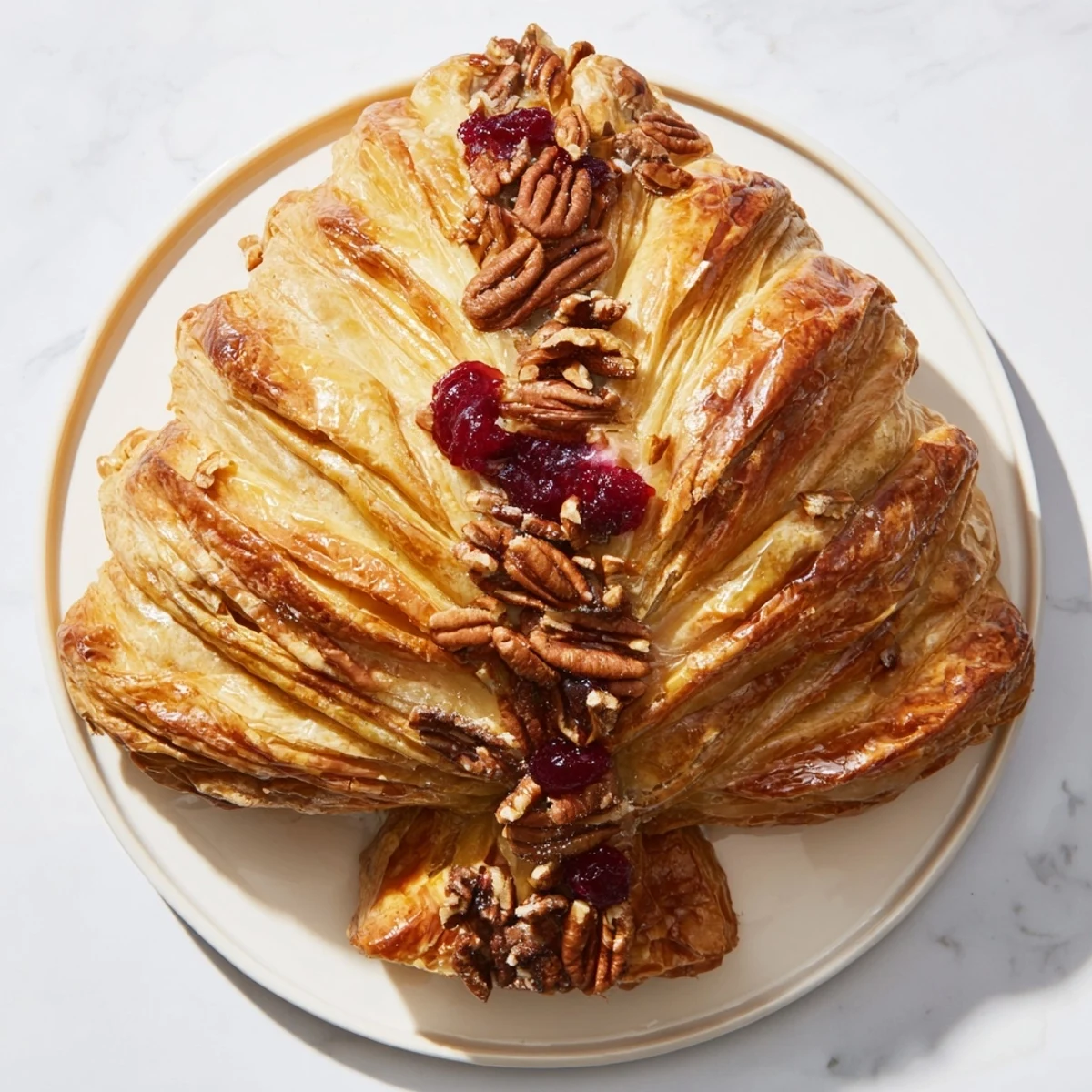 Golden Brie en Croûte Pine Tree, with glistening pastry and cranberry filling, ready to serve warm.