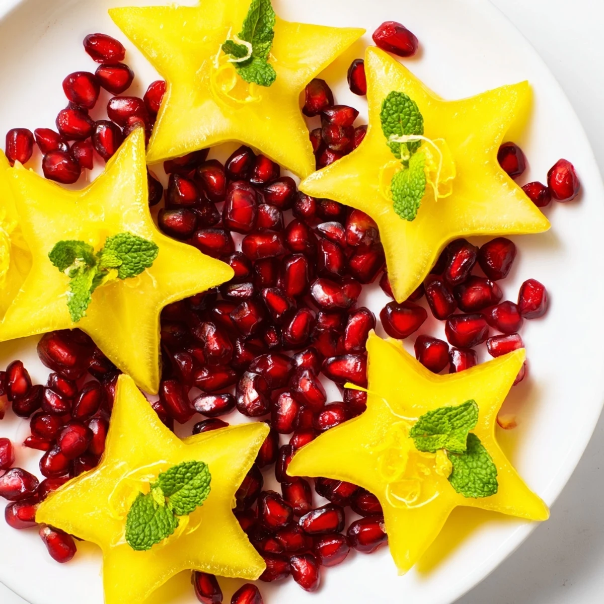 Vibrant pomegranate and mint star fruit platter with glistening pomegranate seeds, ideal for a snack.