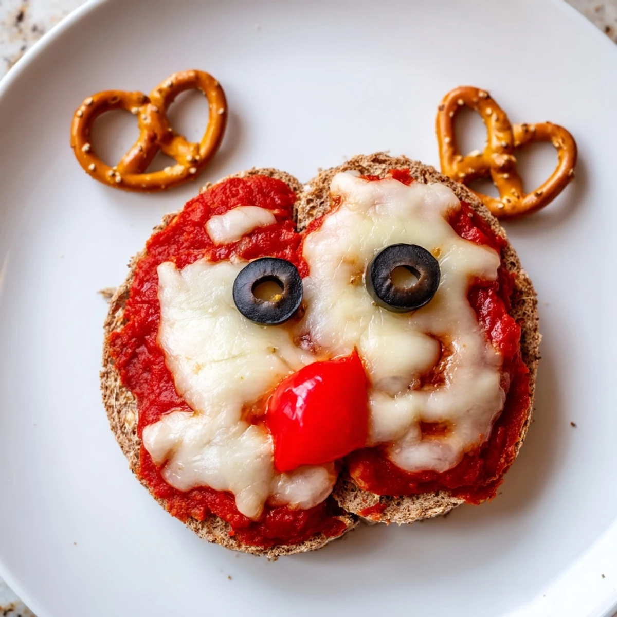 Warm, bubbly Reindeer Face Pizza Bagels with melted mozzarella and cute olive eyes.