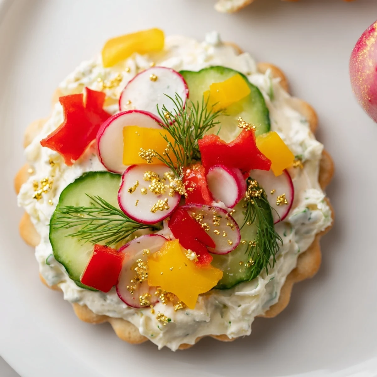 Ornament Shaped Cracker Toppings arranged colorfully with fresh bell peppers and creamy spreads for the holidays.