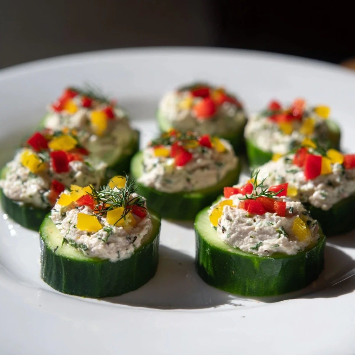 Holiday Star Cucumber Bites, cool and refreshing, are topped with a creamy cream cheese spread.