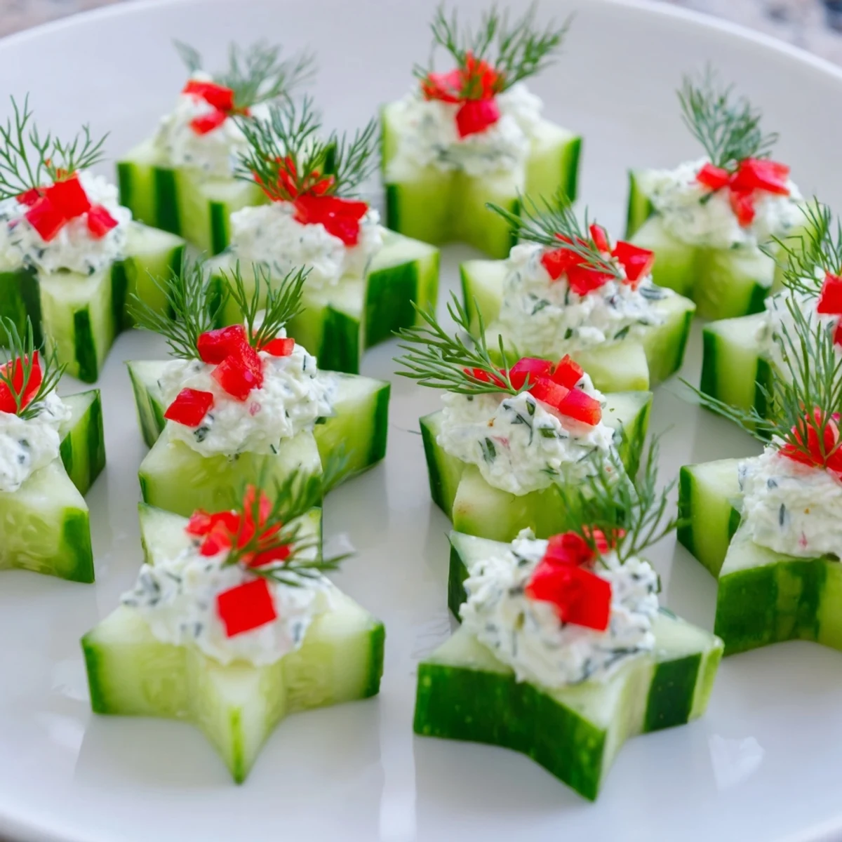 Crisp cucumber and creamy cheese Cucumber and Dill Christmas Stars, ready to enjoy at your holiday party.