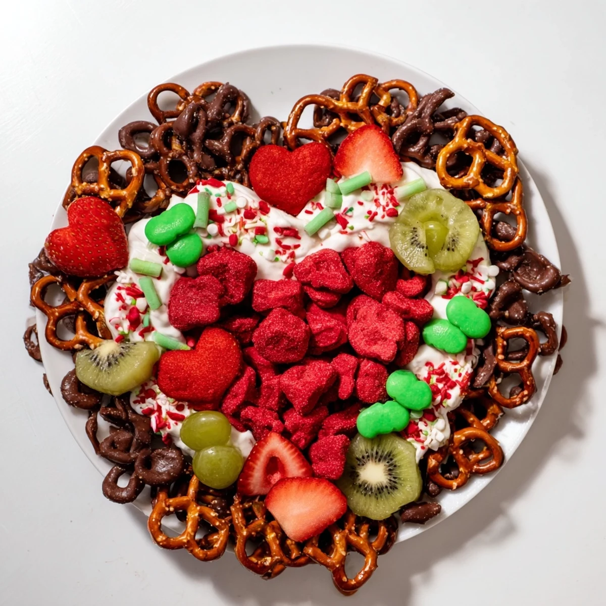 Sweet and salty Grinch's Heart Pretzel Board with pretzels, candy and fruits, perfect for kids.