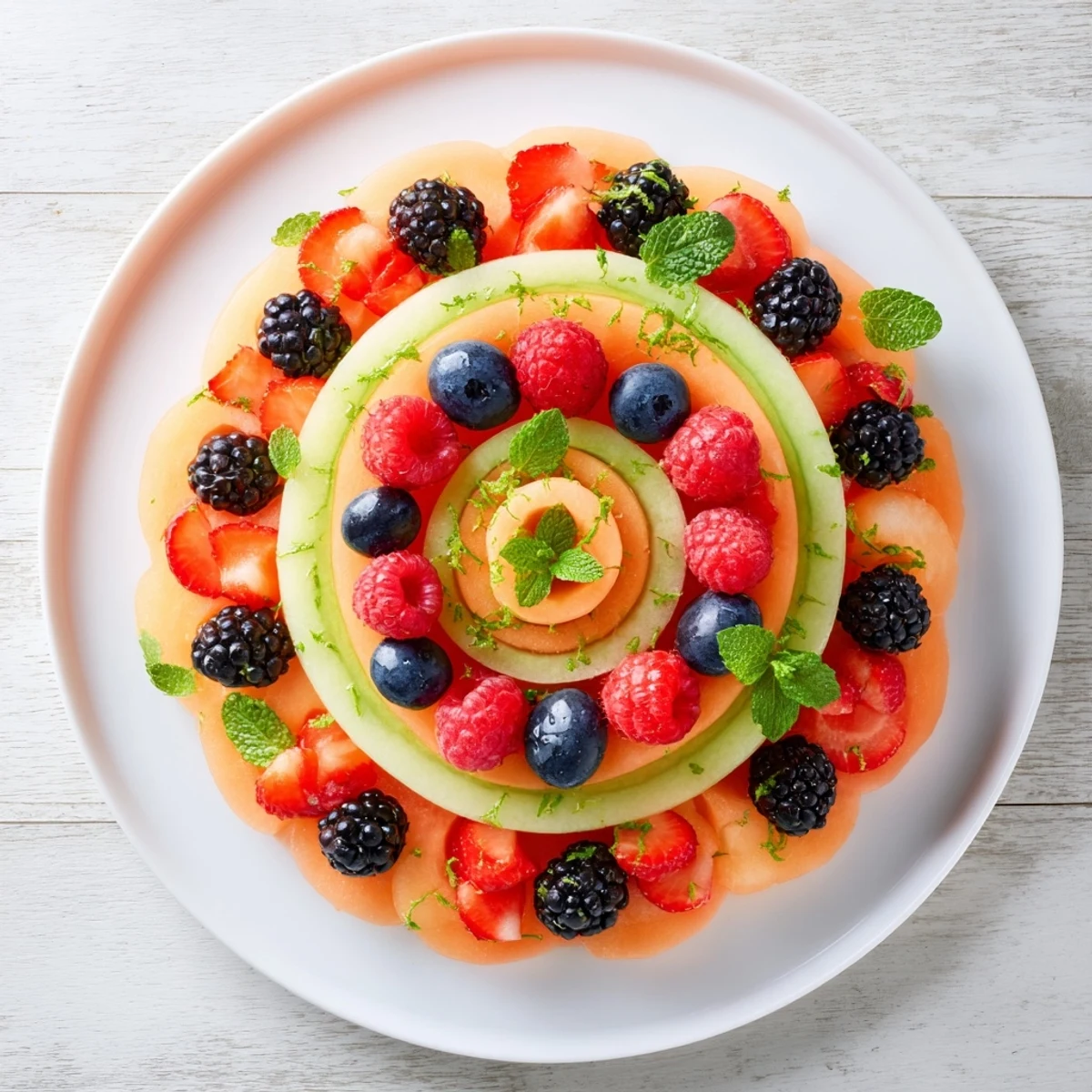 This refreshing fruit platter displays juicy cantaloupe, honeydew, and berries arranged in lovely circles.