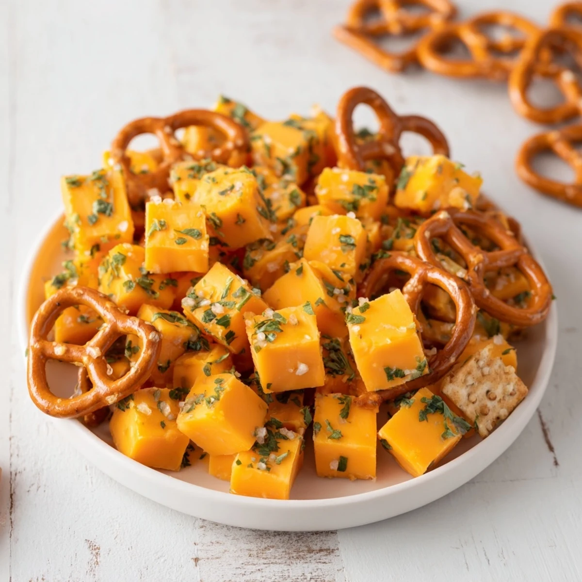 Freshly made NYE Cheese: Cheddar Cubes and Pretzel Stick Sparklers arranged on a platter, ready to be enjoyed!