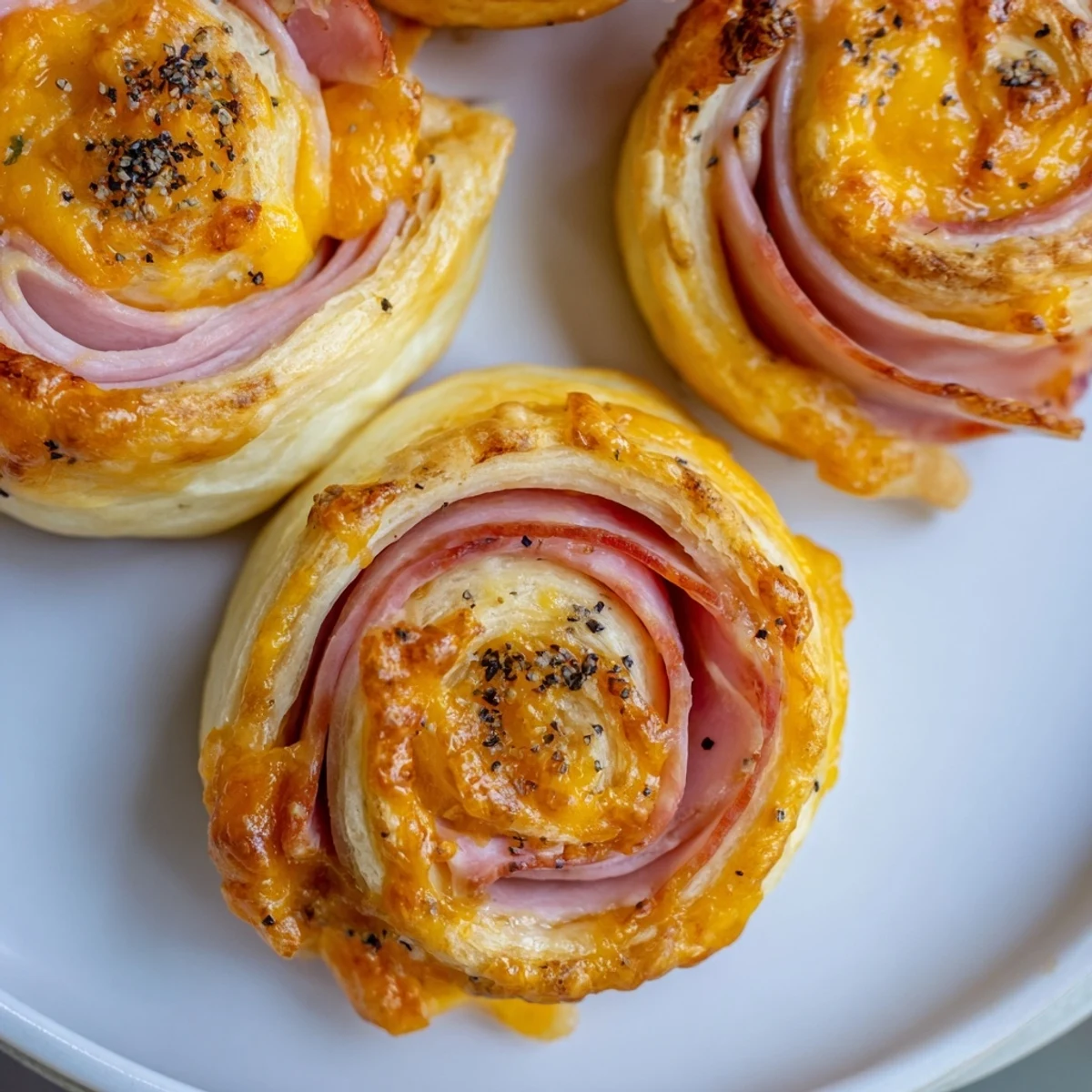 Golden, flaky savory Ham and Cheese Pinwheel Rolls fresh from the oven, offering a delightful aroma.