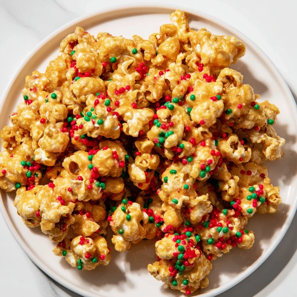 Golden-hued popcorn piles, drizzled with sweet coating and colorful sprinkles, perfect for snacking.