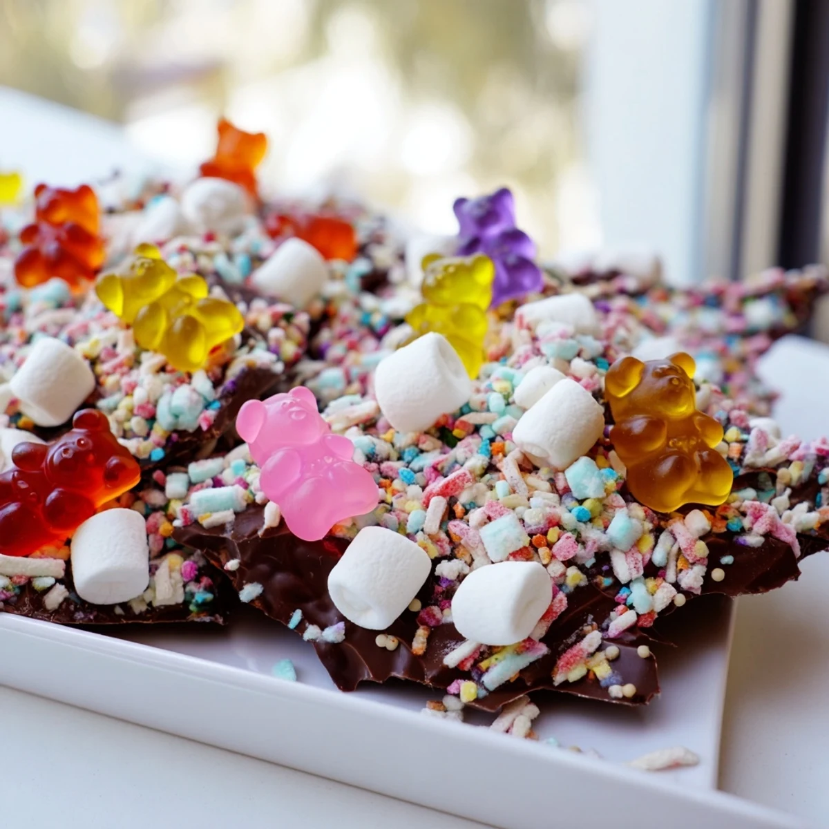 A festive party snack of cooling white chocolate covered in gummy bears and crushed candy canes.
