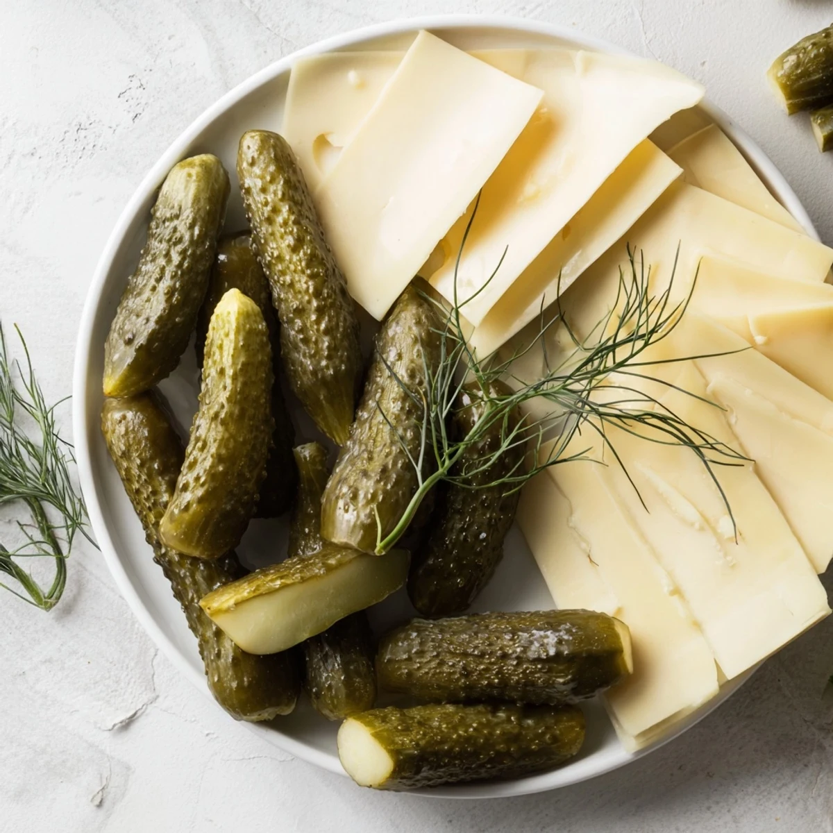 Dill Pickles and Sliced Cheese appetizer, a colorful platter of tangy pickles, cheddar, Swiss, and Gouda.