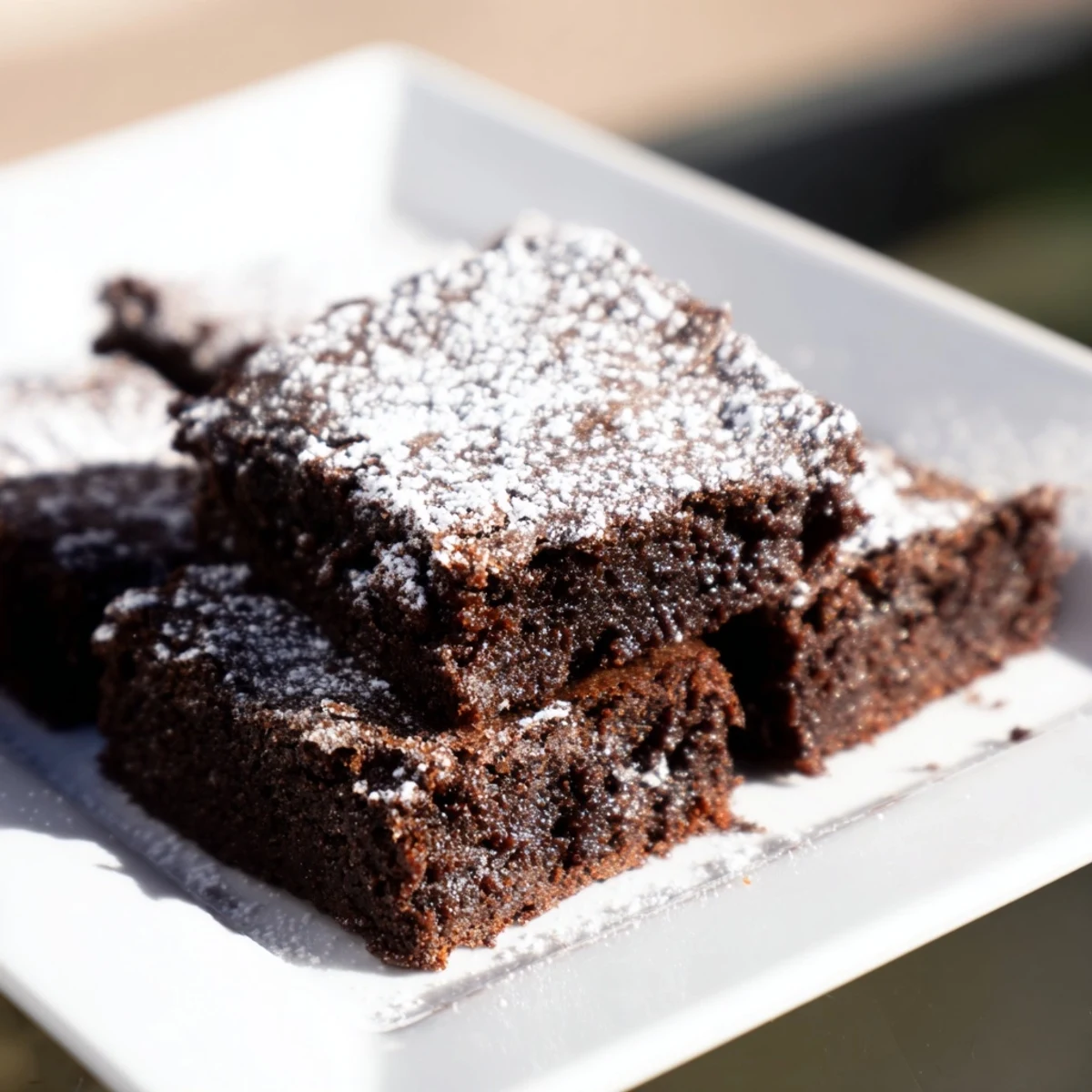 Close-up shot shows decadent brownie squares with a delicate powdered sugar dusting, ready to serve and enjoy.