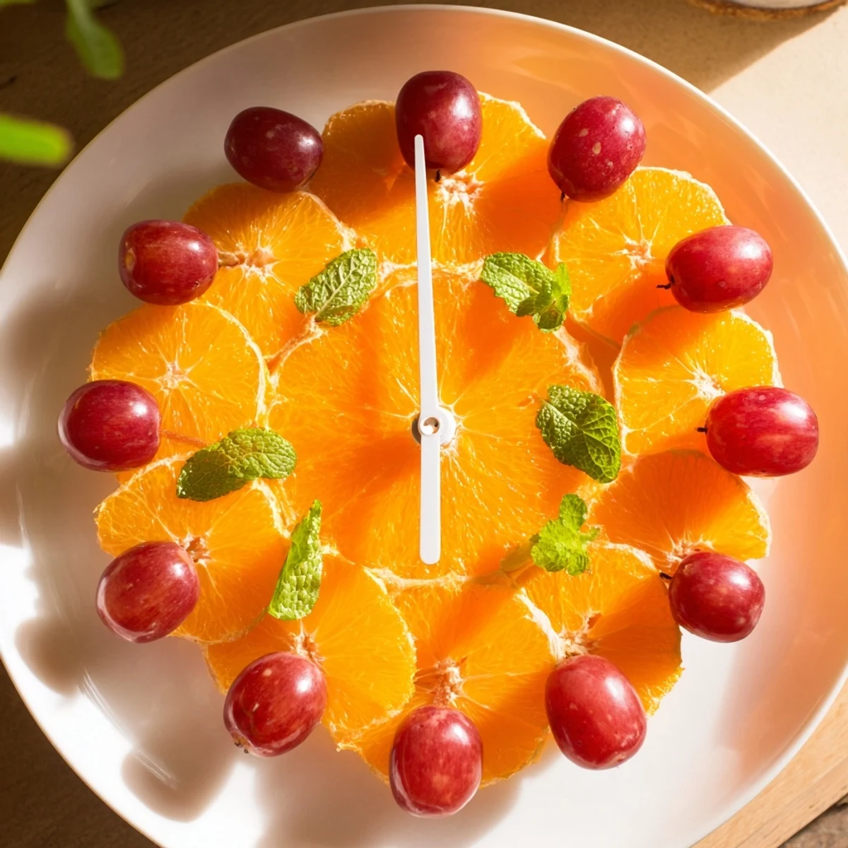 Grape and Orange Slice Clock Face features juicy red grapes and vibrant orange segments arranged beautifully.