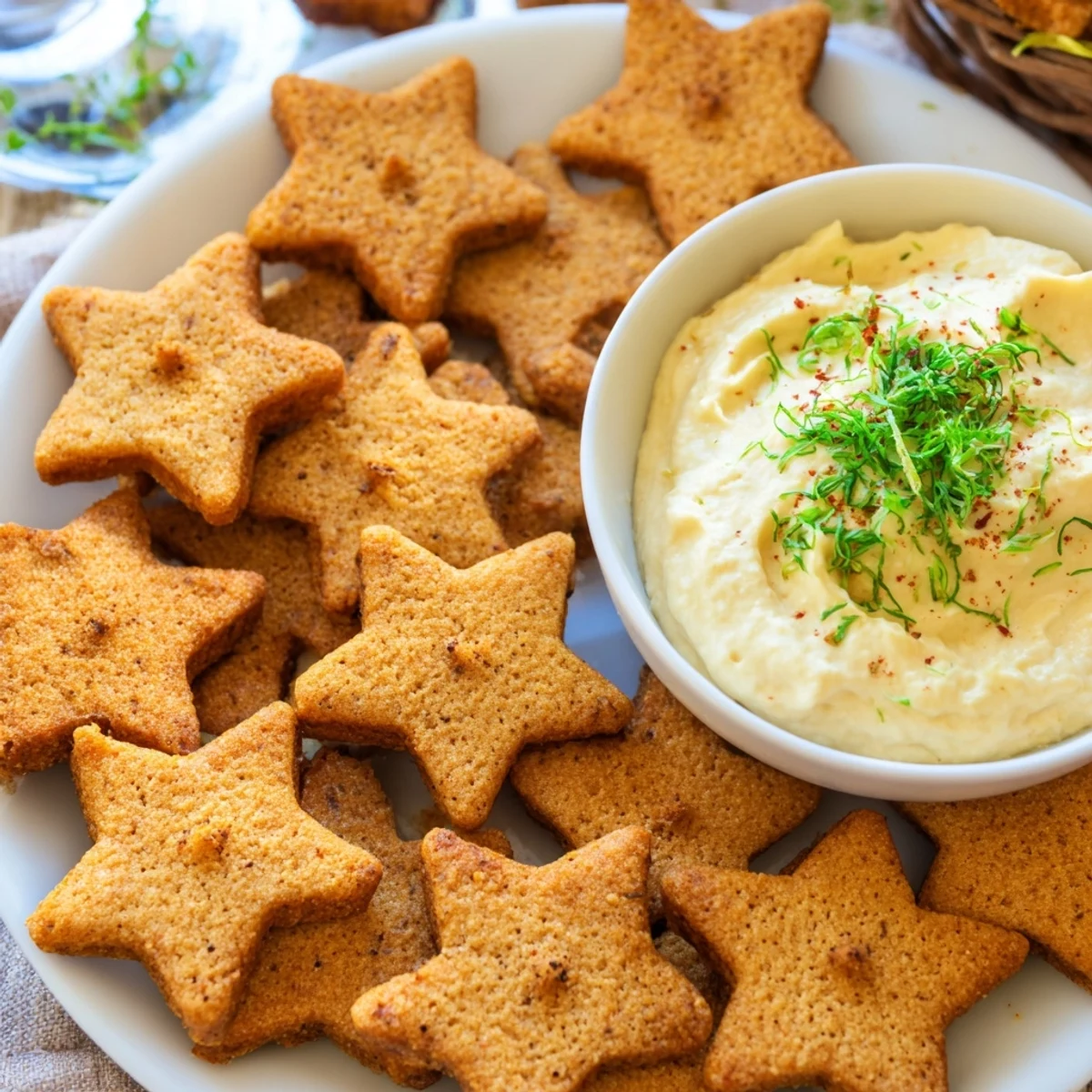 Crisp, golden Holiday Crackers arranged around a creamy dip, perfect for holiday snacking and celebrations.