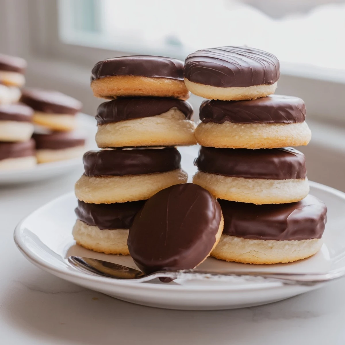 Golden-brown Simple Cookies: Vanilla Wafers, beautifully dipped in glossy, semi-sweet chocolate.