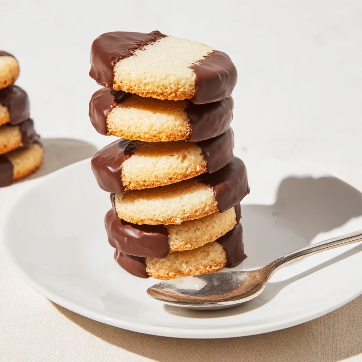 Close-up of freshly dipped Simple Cookies: Vanilla Wafers, displaying the delicious chocolate coating and texture.