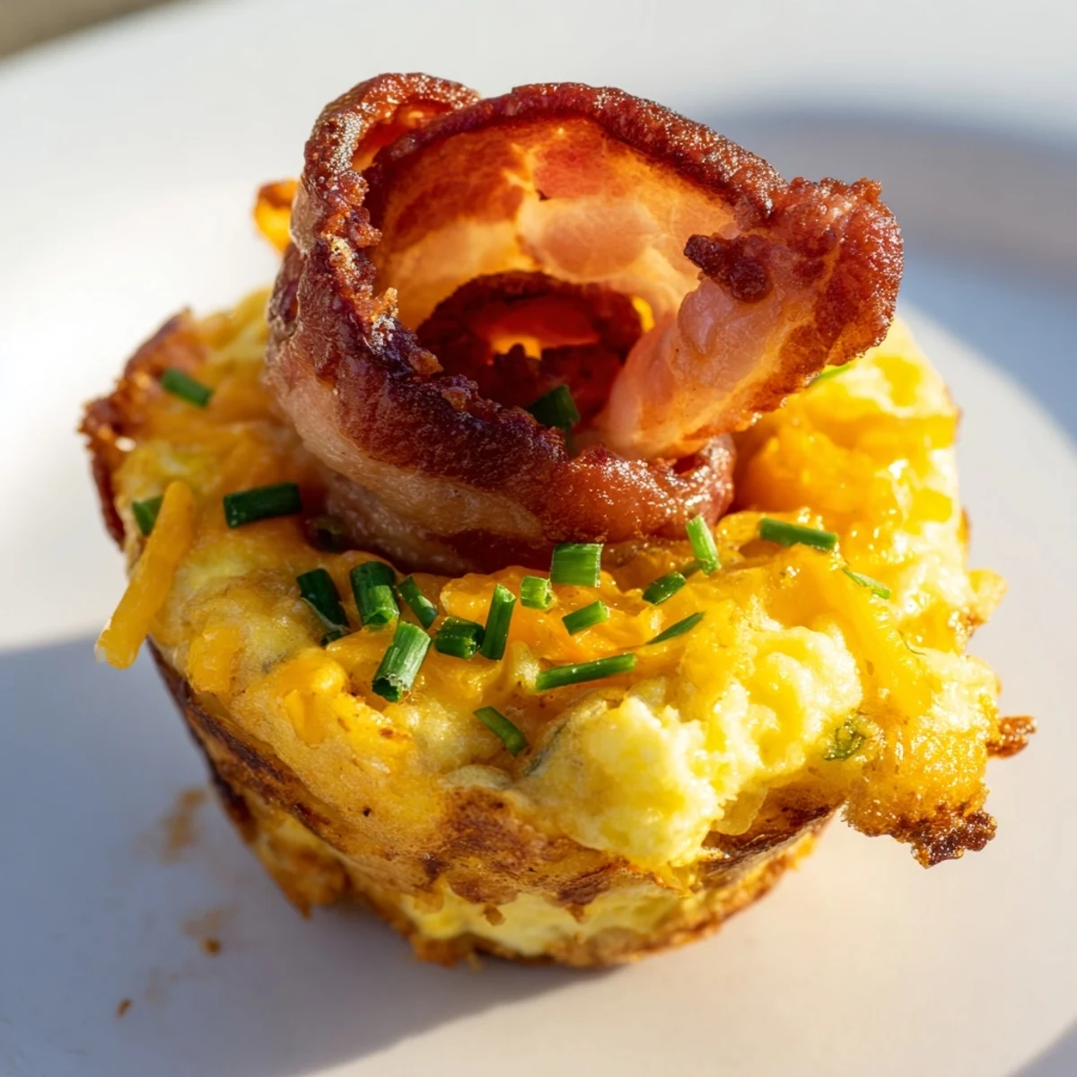 Fluffy Scrambled Egg Cups with bacon spirals, a savory and easy brunch side dish.