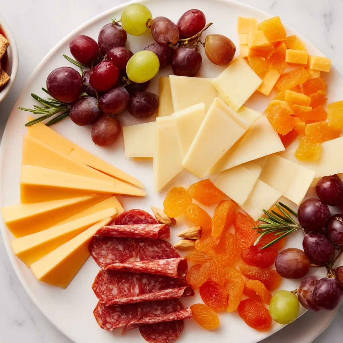 Triangle-shaped cheeses and meats artfully arranged on a Geometric Gala appetizer board, ready to serve guests.