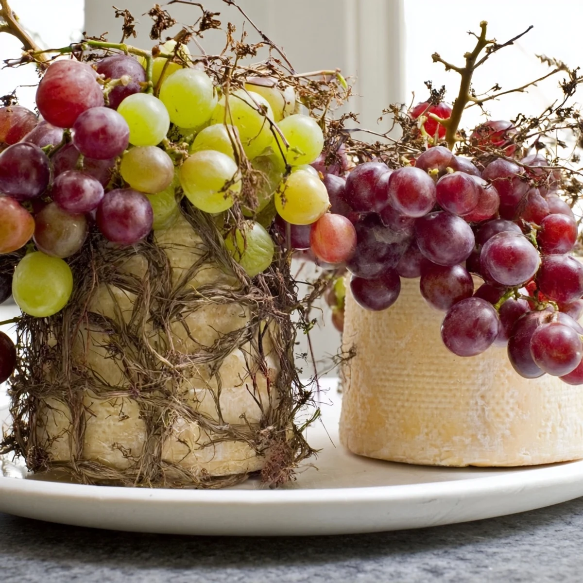 The Rustic Vineyard appetizer: fresh grapes and cheese draped with grapevine branches create charm.