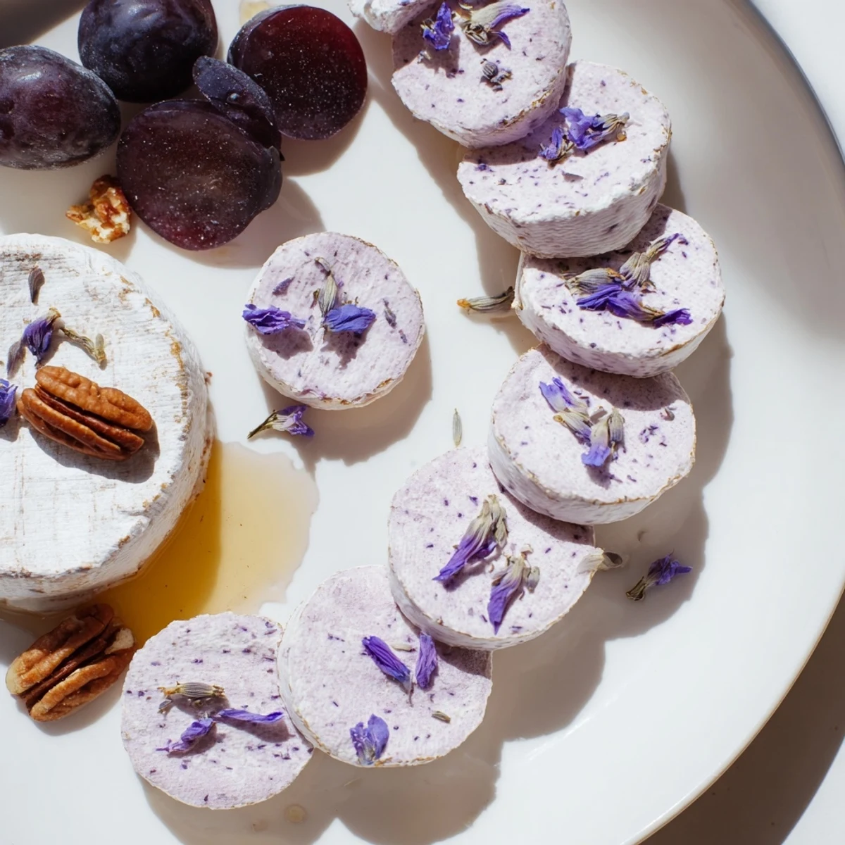 A The Lavender Haze cheese platter with creamy goat cheese drizzled with floral honey.