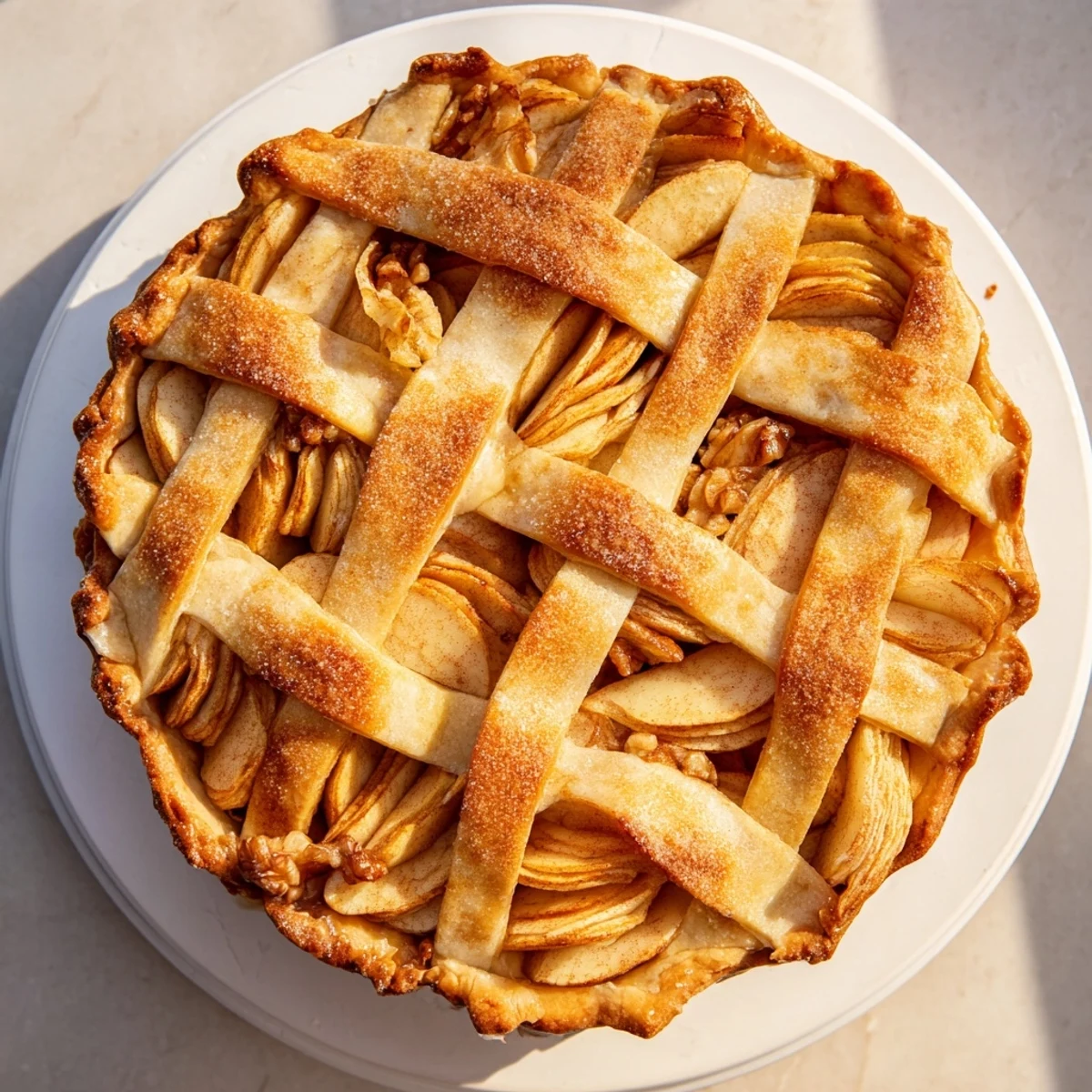 Golden-brown Lattice Orchard, a stunning dessert, beautifully displays woven apple slices over sweet walnuts.