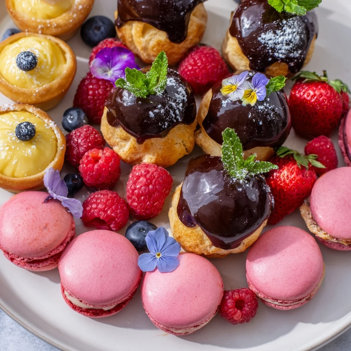 Elegant Montgolfière Dessert Platter featuring miniature French pastries, colorful berries, and edible flowers.