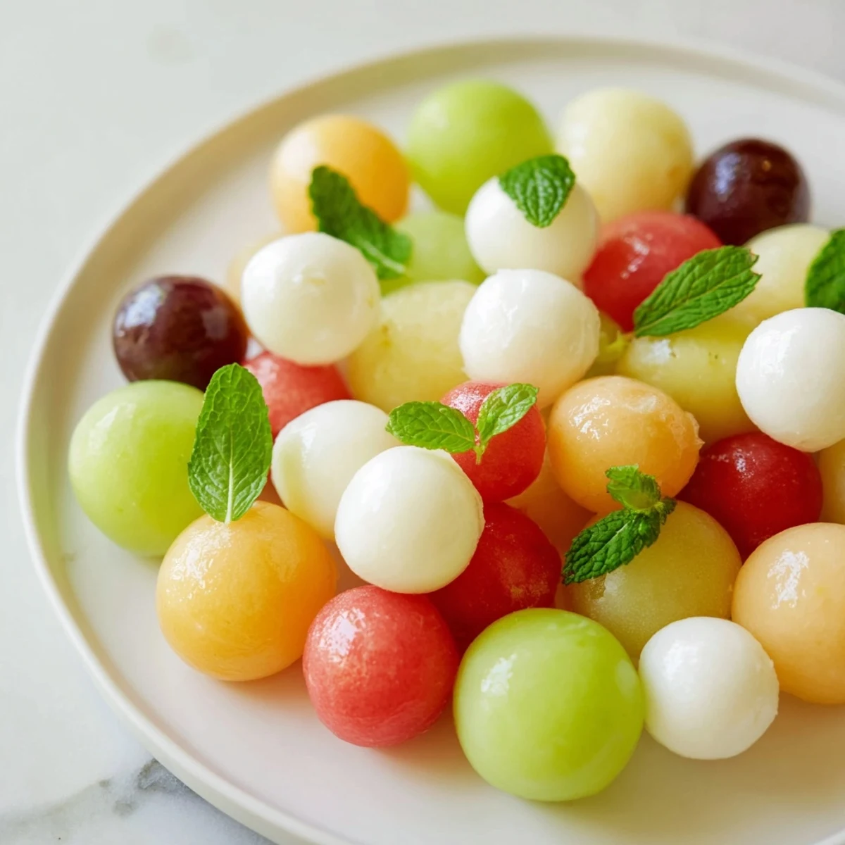 Vibrant polka dot platter overflowing with colorful fruits, cheeses, and delicious spheres, ready to enjoy.