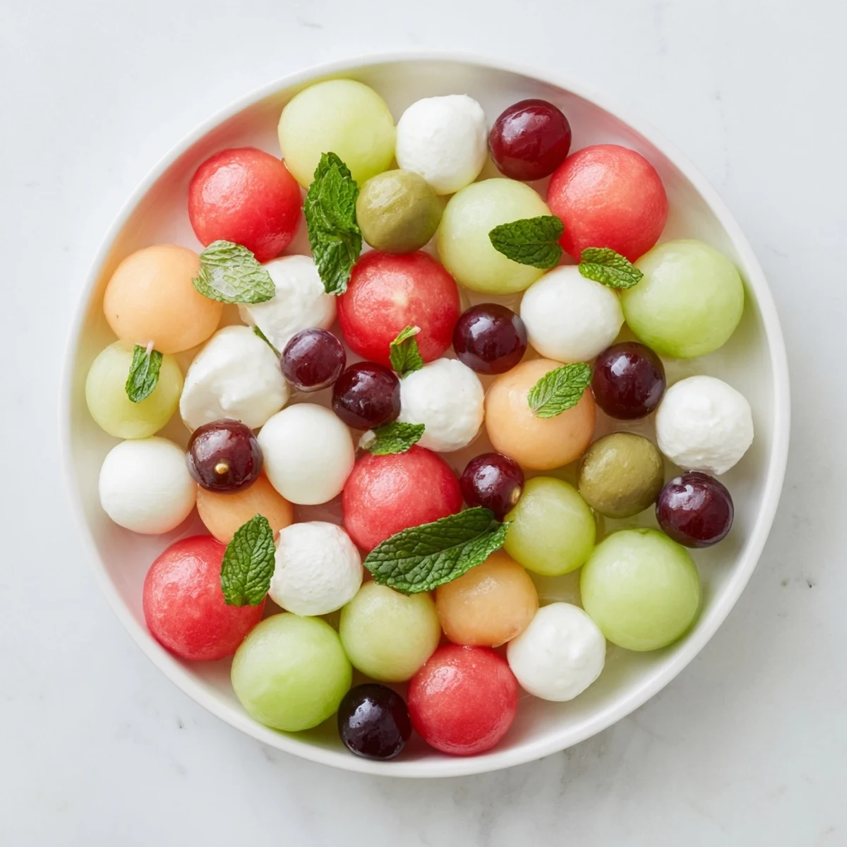 A playful The Polka Dot Platter, a beautiful arrangement of melon balls, grapes, and cheeses perfect for parties.