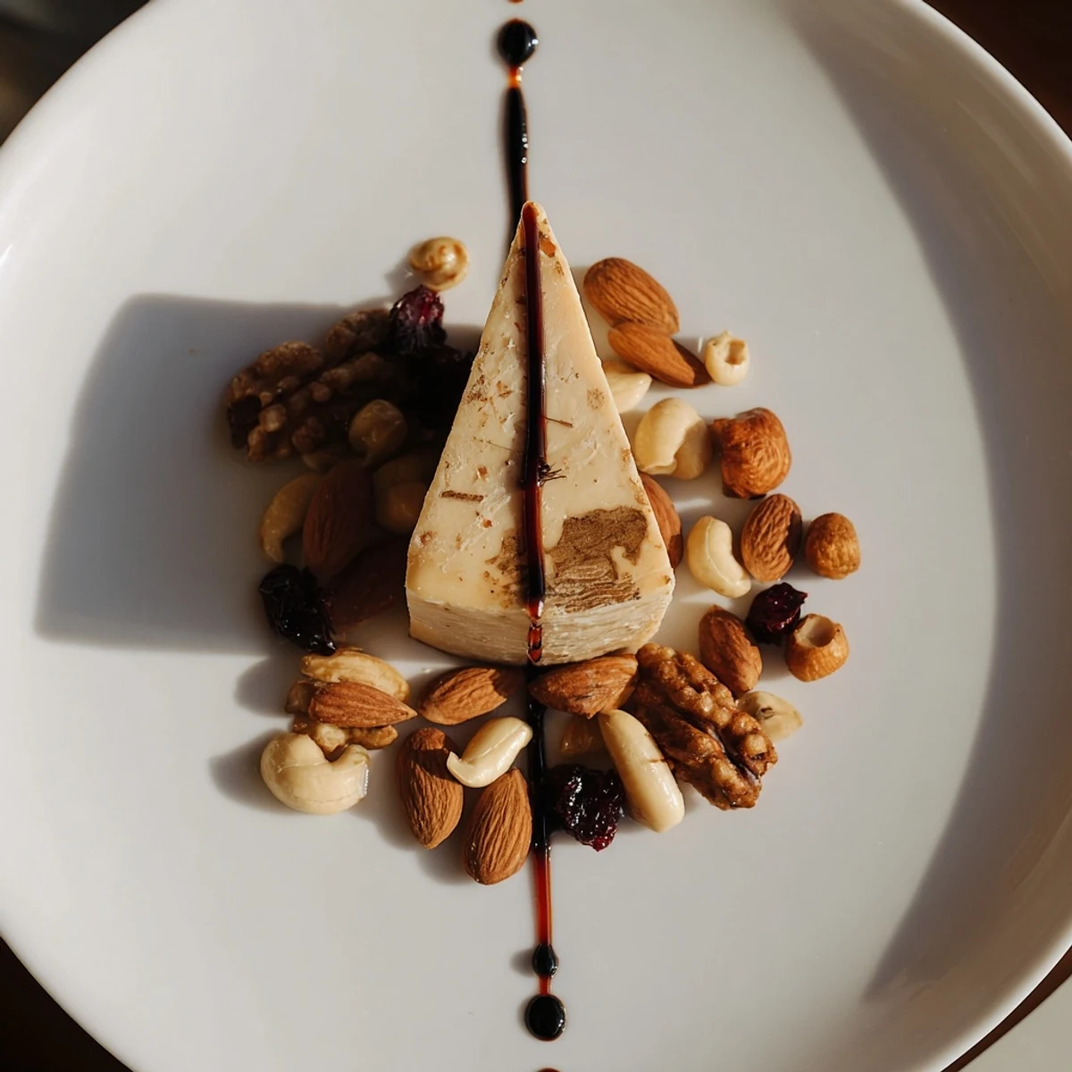 Artful, balsamic-shadowed sundial cheese platter, featuring nutty “hours” around the hard cheese centerpiece.