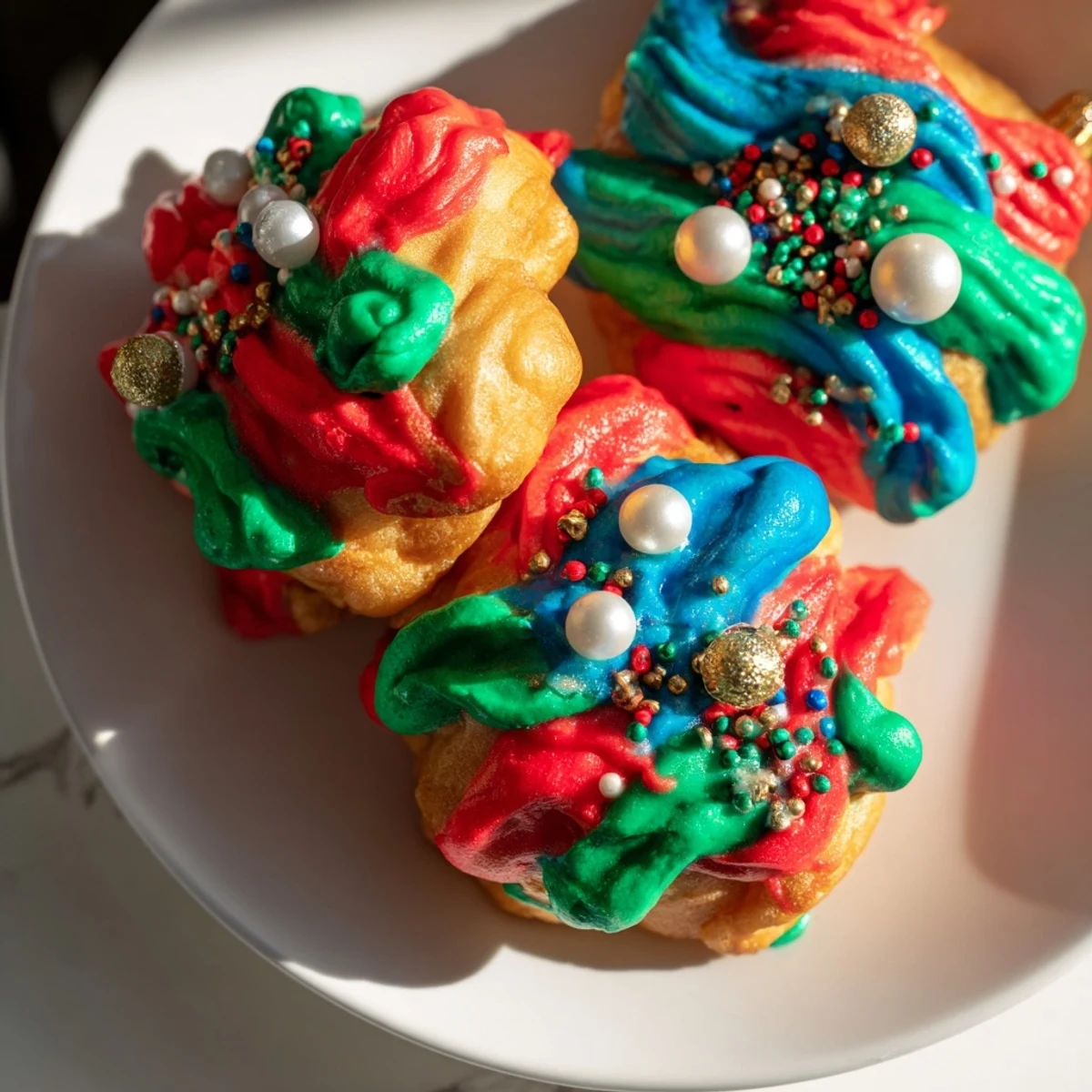 These homemade Christmas Ornament Beignets feature vibrant icing and festive edible pearl decorations, ready to enjoy.