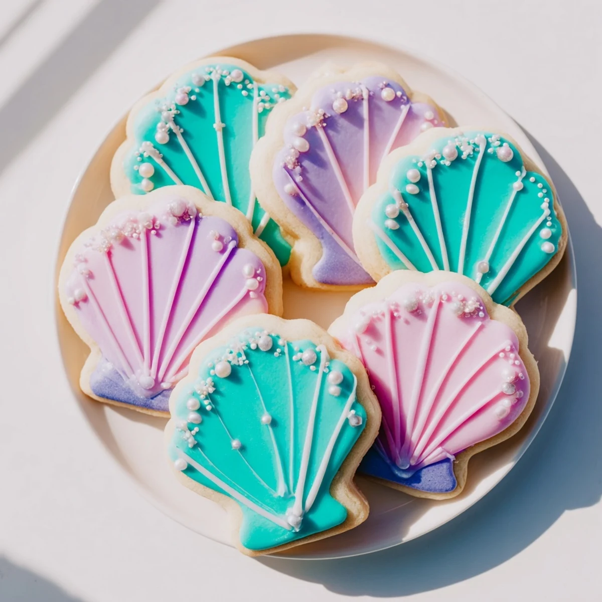 Delectable Seashell Sweets: Pastel iced sugar cookies decorated with edible pearls shimmer invitingly.