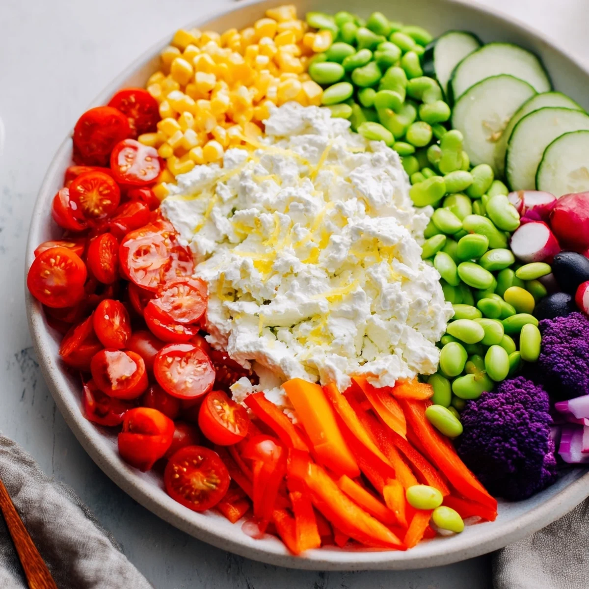 Vibrant presentation of The Prism Burst salad, radiating colorful veggies from a creamy white center.