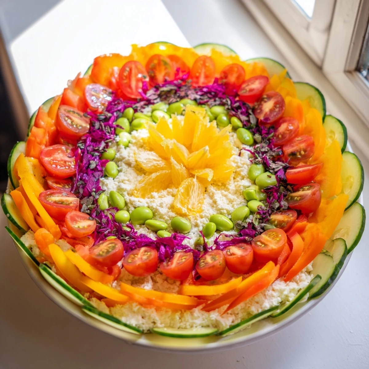 A beautifully arranged The Prism Burst salad showcases fresh, rainbow-colored produce ready to enjoy.