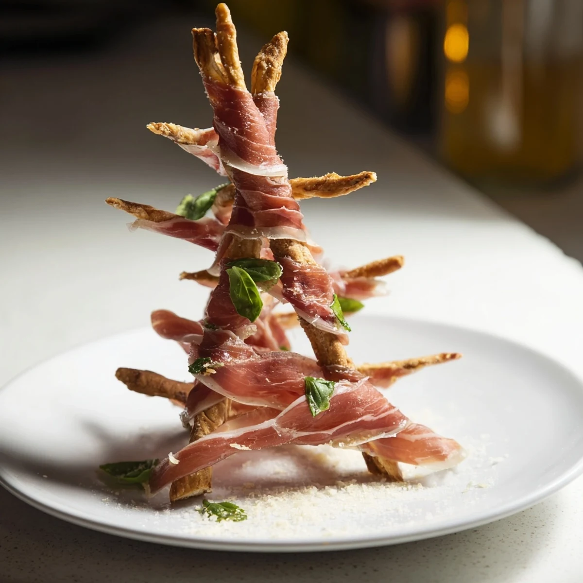 Easy Golden Gate recipe: View of the prepared appetizer with prosciutto "bridge" connecting breadstick "towers".