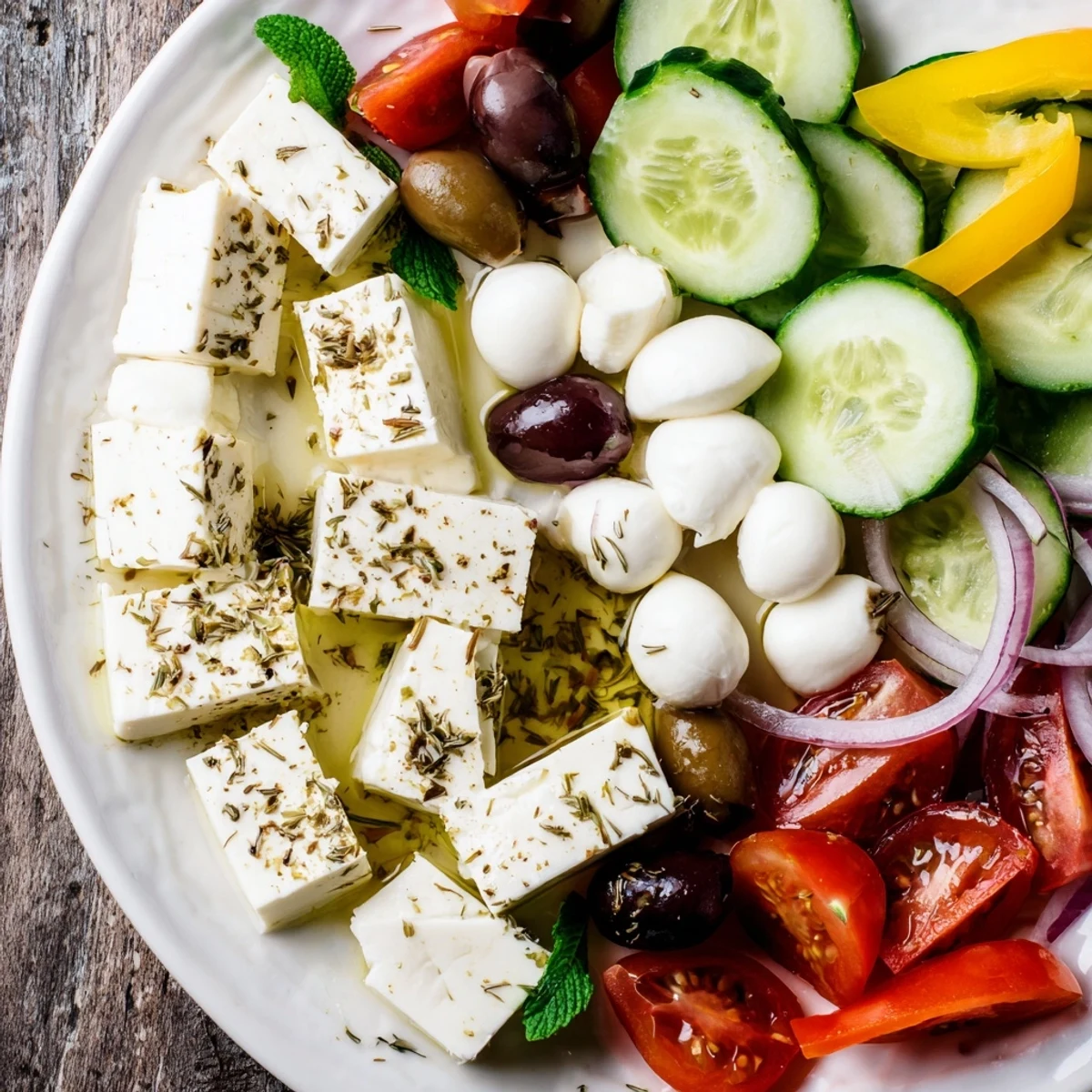 Sun-Drenched Patio mezze platter showcasing fresh feta, colorful veggies, and creamy hummus for serving.