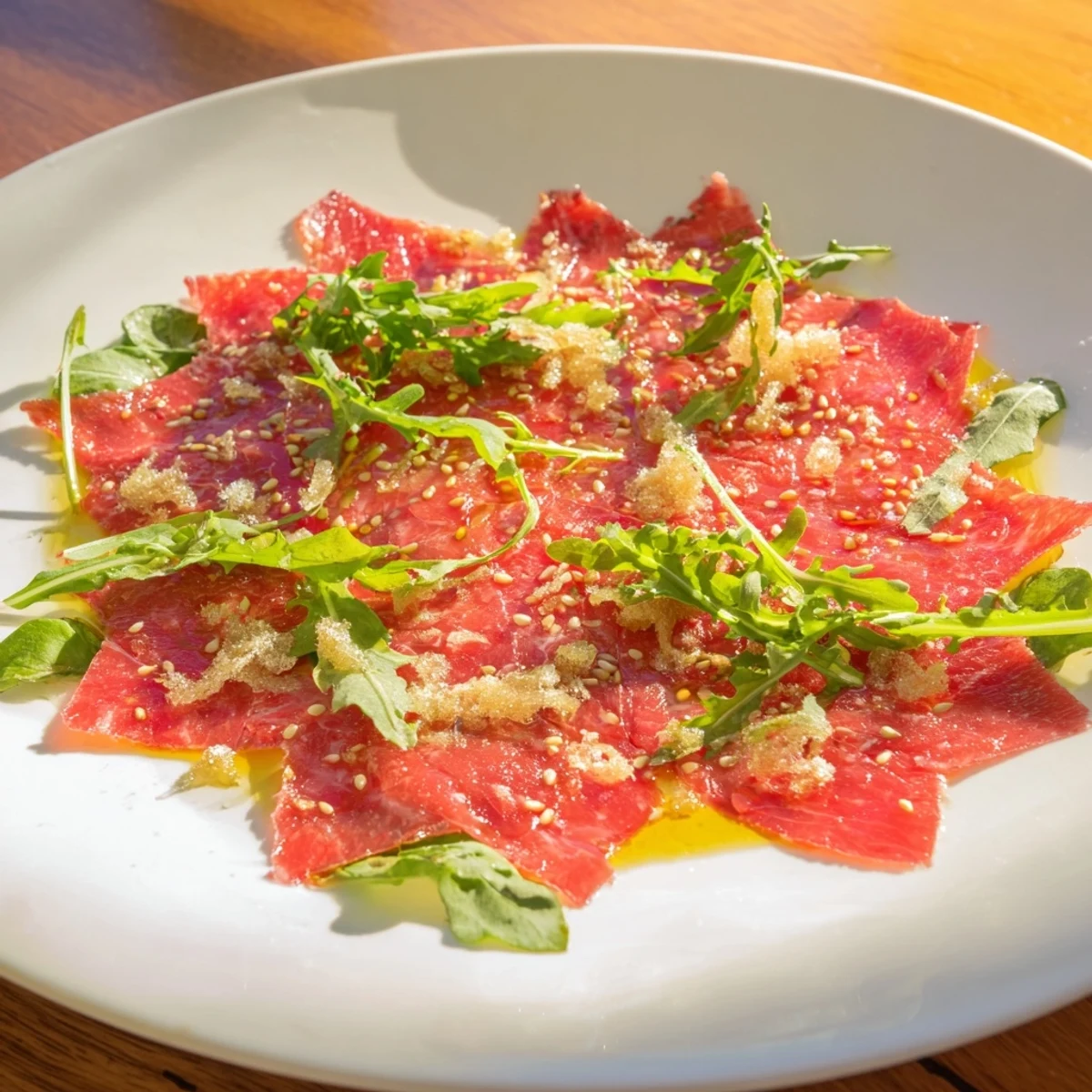Delicate origami fold beef appetizer arranged on arugula, ready to be enjoyed as a starter.