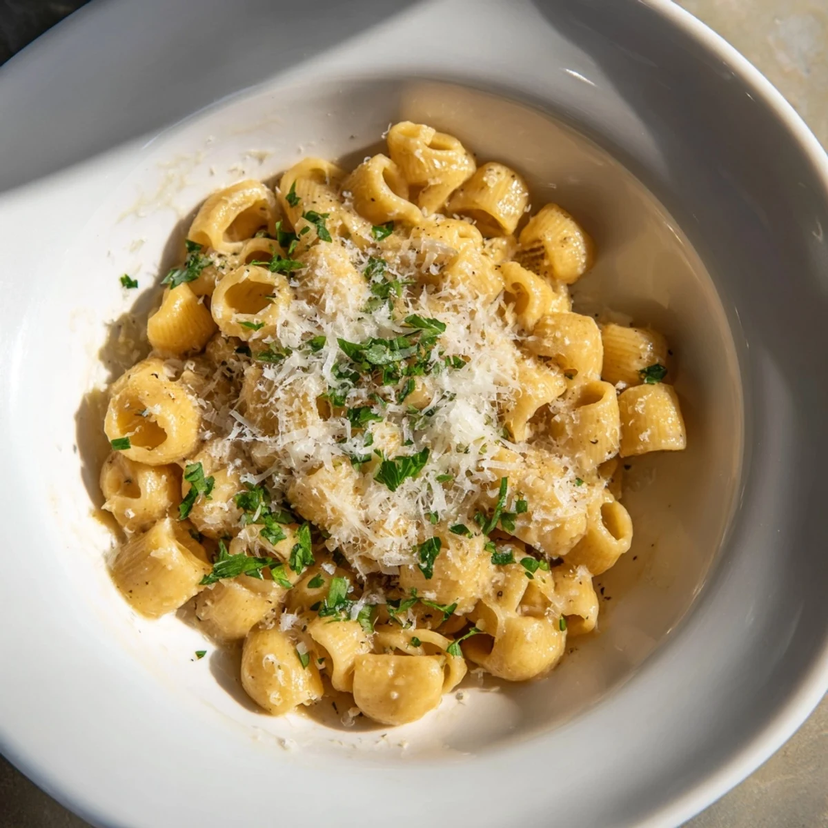 Close-up of velvety 15-Minute Garlic Parmesan Pasta, showcasing the perfectly cooked ditalini and rich sauce.