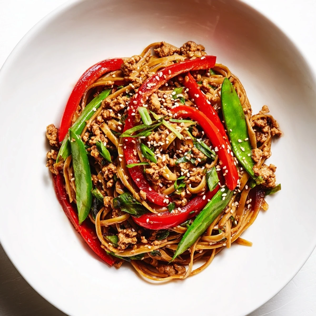 Savory sesame hoisin ground chicken pasta with vibrant, colorful vegetables, ready to enjoy.