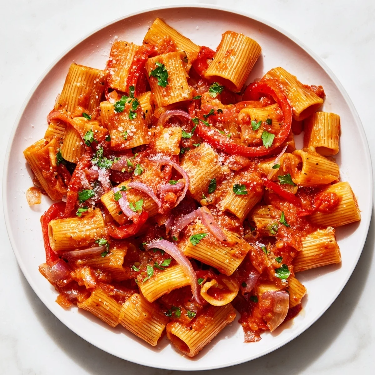 A close-up of the finished One-Pot Diavola spicy pasta, sprinkled with fresh herbs and Parmesan cheese.