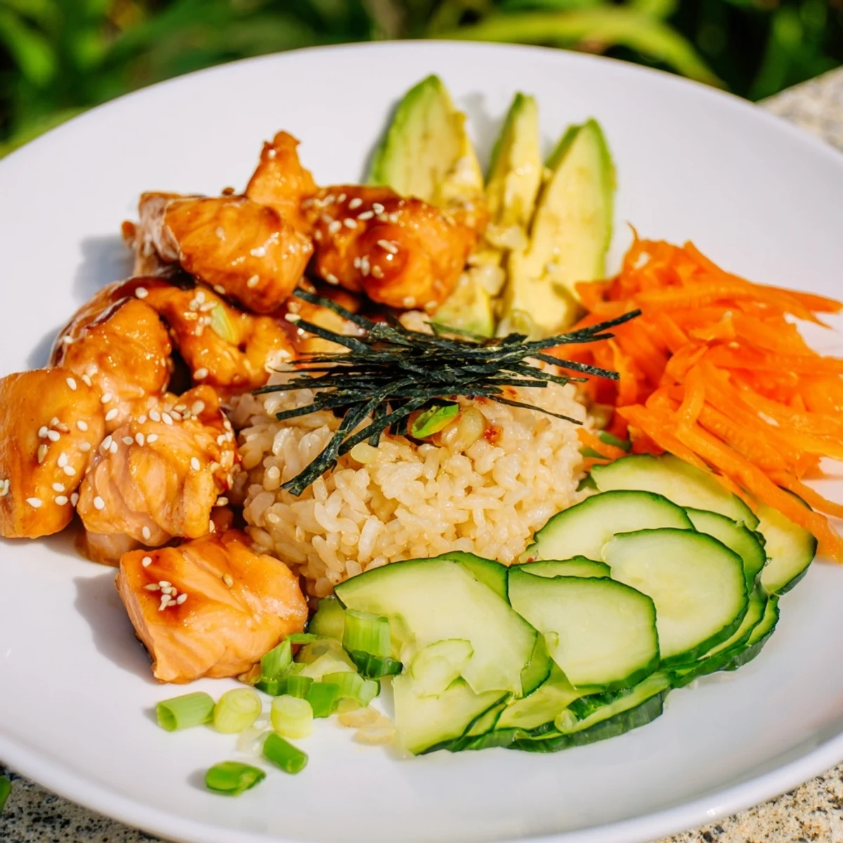 A colorful close-up of beautifully arranged Japanese-Style Salmon & Chicken Rice Bowl, perfect for a flavorful dinner.