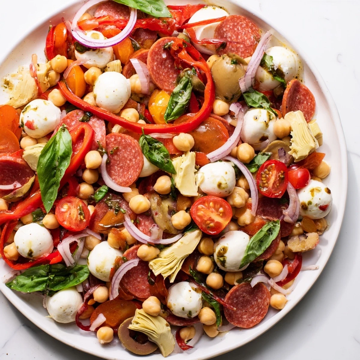 A close-up shot of the fresh and flavorful Antipasto Chickpea Salad, perfect for a light, delicious lunch.