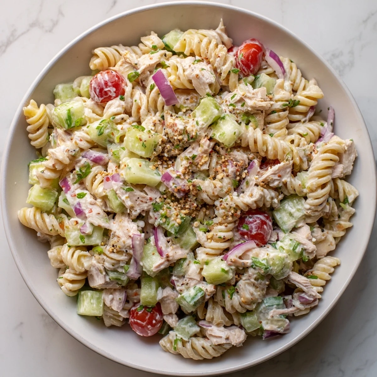 Everything Bagel Chicken Pasta Salad, bursting with fresh veggies and creamy dressing, ready to eat.
