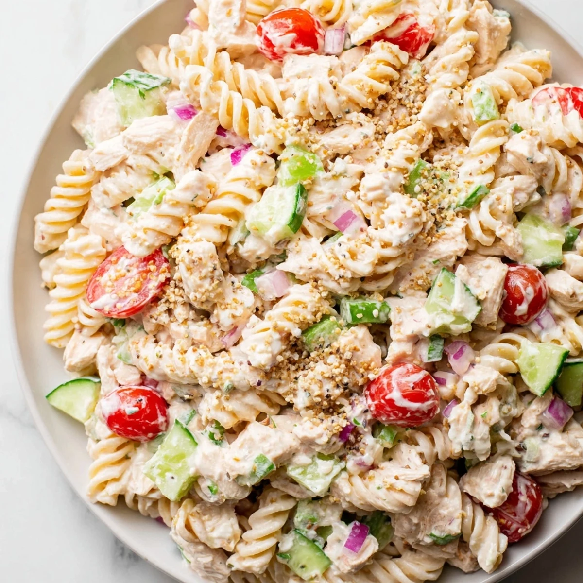 Creamy Everything Bagel Chicken Pasta Salad, featuring flavorful chicken and a beautiful medley of colors.