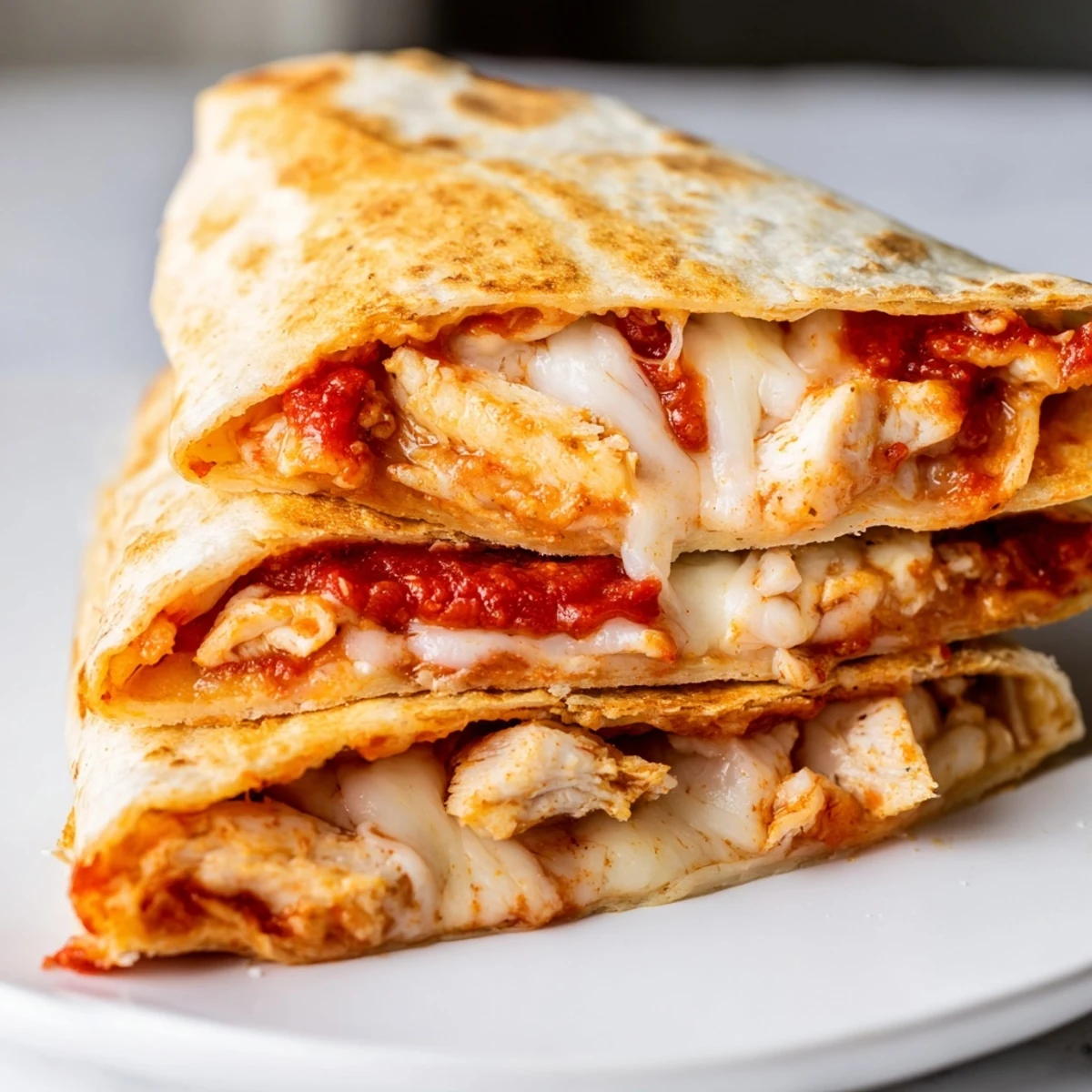 Golden-brown Tortilla Pizza Wrap with chicken, oozing mozzarella, ready to eat with a side.