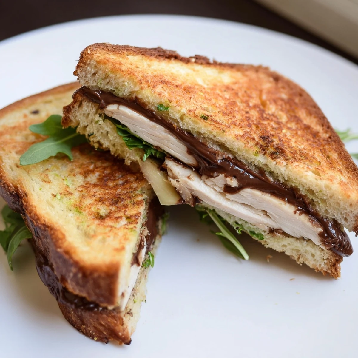 A close-up of a perfectly toasted Nutella grilled cheese with chicken, ready to be devoured.