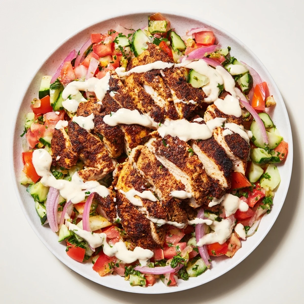 A vibrant close-up displays the delicious textures of this Chicken Shawarma Salad with fresh herbs on top.