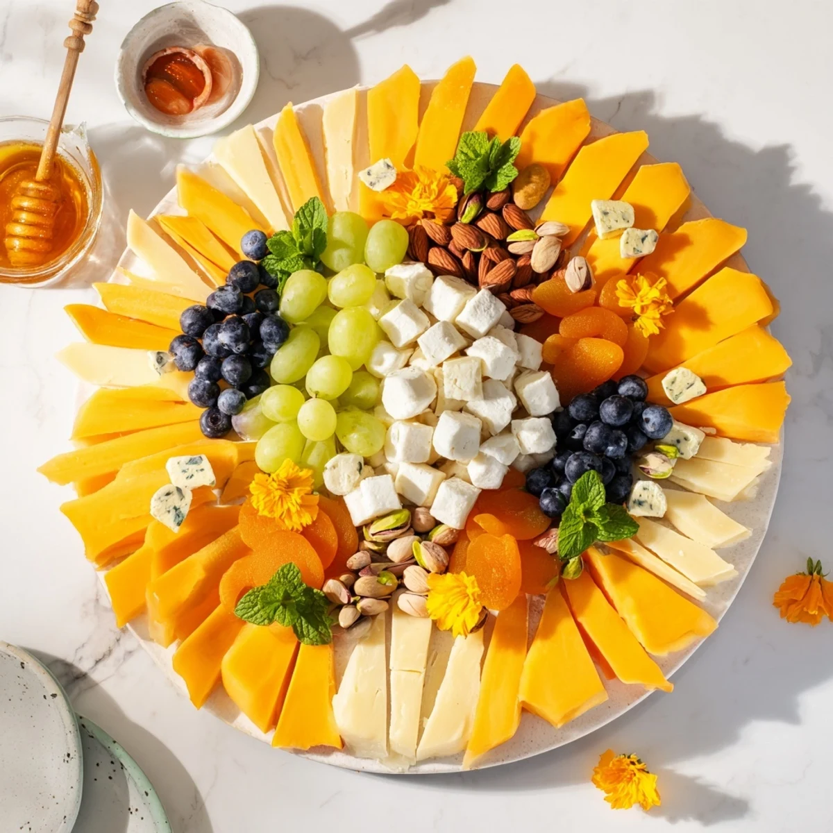 A Daffodil Cheese Board, featuring colorful cheese and fruits, perfect for spring entertaining, looks delicious.