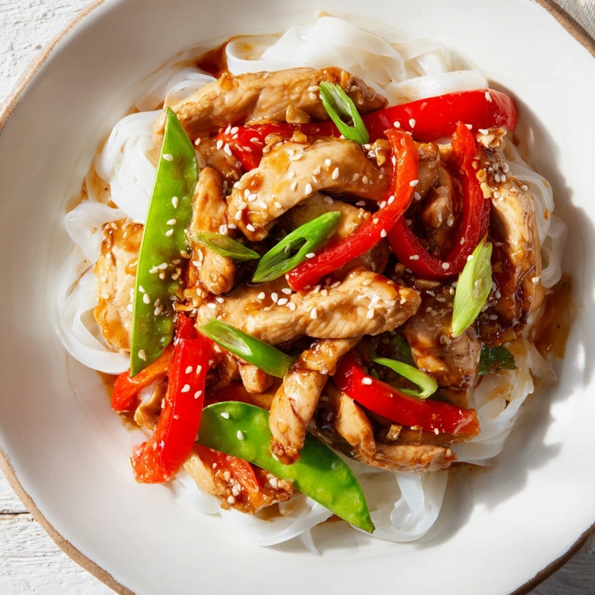 Tender Mongolian Chicken glistens on a bed of rice noodles with vibrant bell peppers and snap peas.